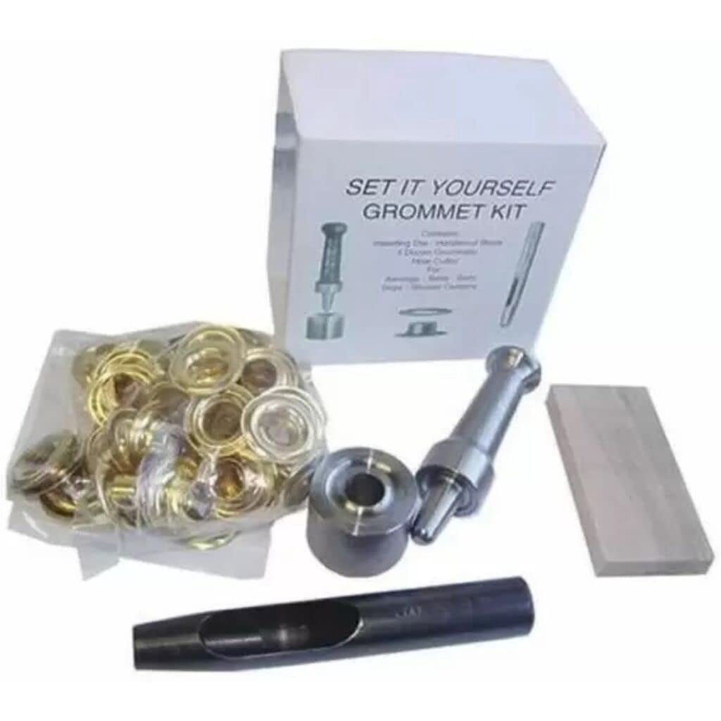 Tarps Now ® Grommet Tool Kit #00 (3/16" Hole) with Grommet Die Cutting Punch, Small Cutting Board, and Paired Sets of Grommets and Washers for Tarp Repair or Addition (36 ct), Brass Finish