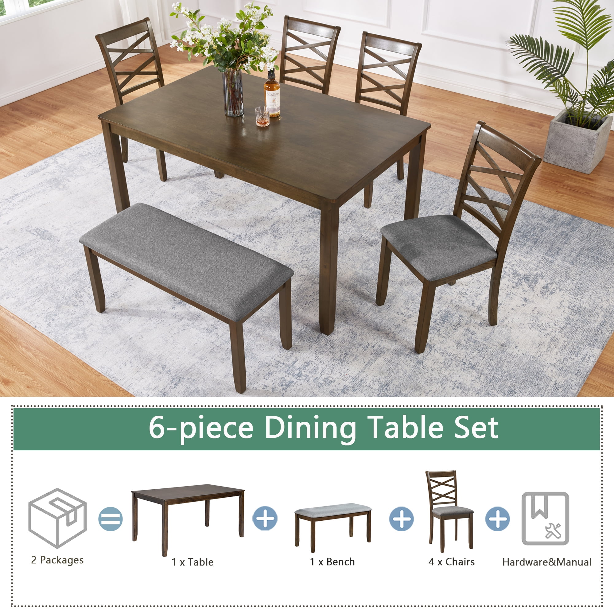 Leumius 6 Piece Kitchen Dining Set,Wood Rectangular Kitchen Table with 4 Upholstered Chairs and a Bench,Dining Table Set for 6 People,Kitchen Dining Table Set for Living Room, Home Bar and Kitchen