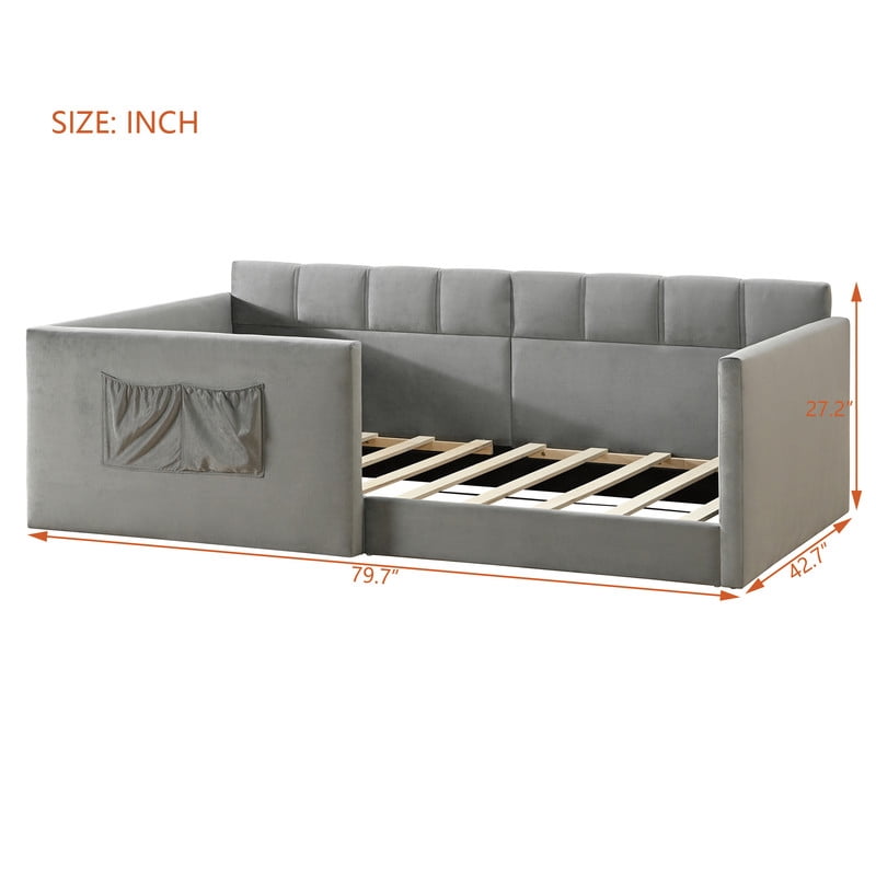 Twin Size Velvet Daybed with 2 Storage Pockets, Upholstered Guest Sofa Bed Frame with High & Padded Backrest