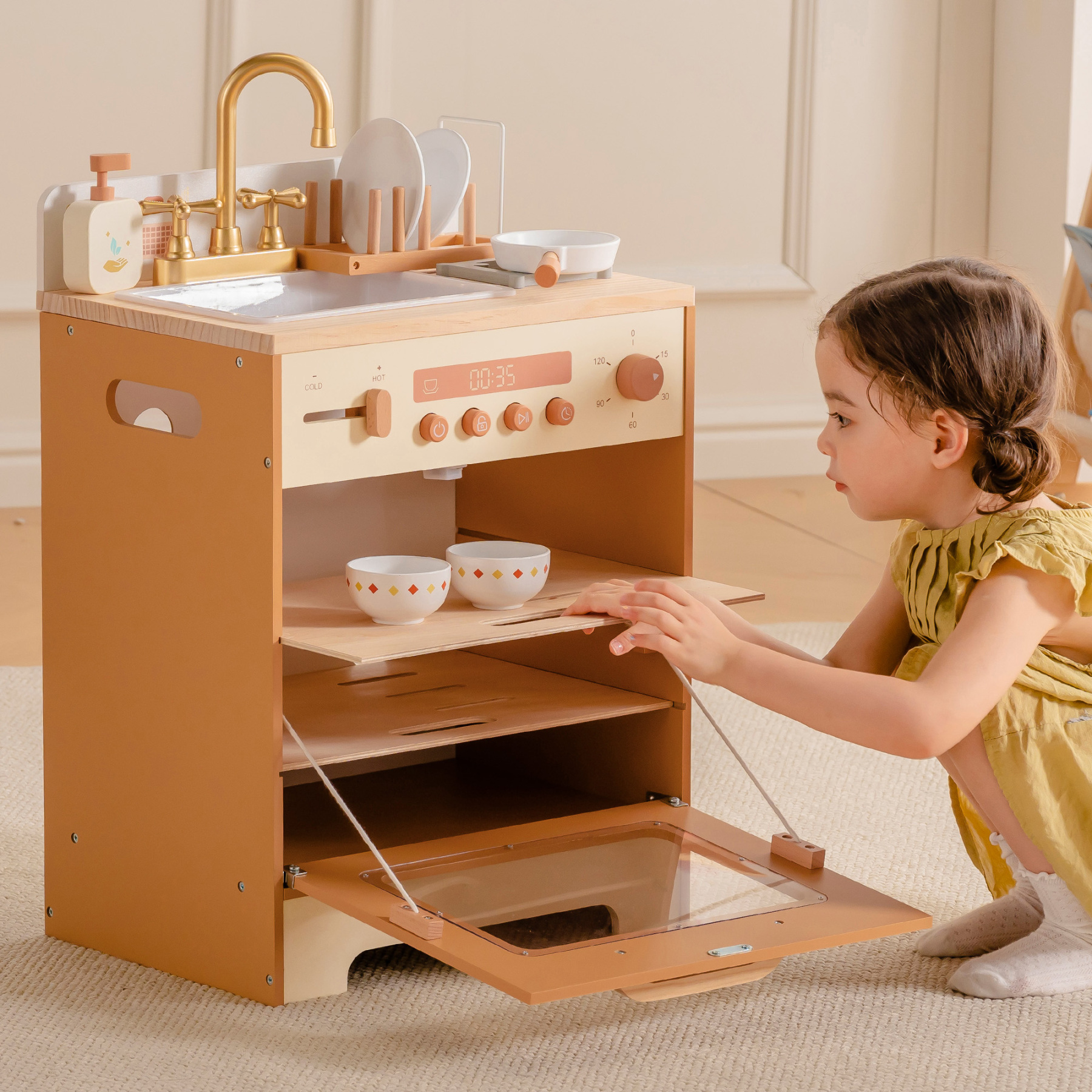 Robud Wooden Dishwasher Playset for Kids - Pretend Kitchen Sink with Faucet, Turning Knobs, Dish Rack & Tableware for Toddler Role Play Toy Ages 3+, Caramel
