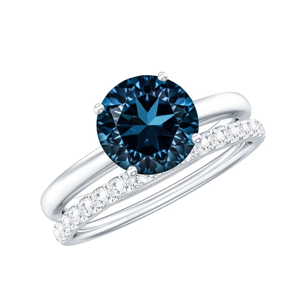 London Blue Topaz Solitaire Bridal Ring Set with Diamond Enhancer (2 CT, AAA Grade), 925 Sterling Silver, US 4.00