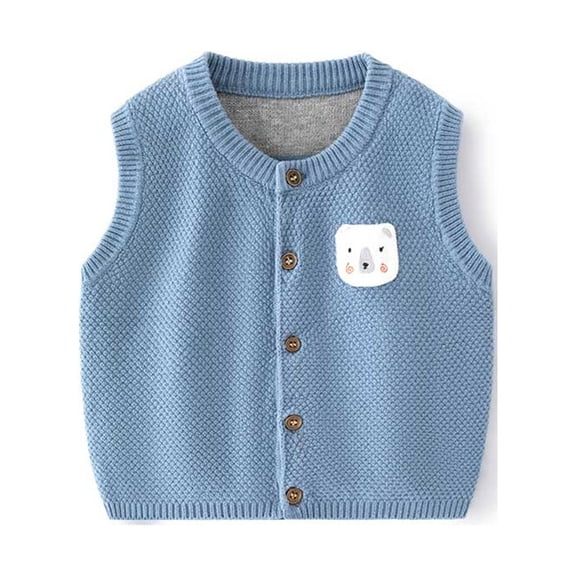 VNKIDY Girls Sweaters Kids Cute Style Solid Color Knitted Vest Crewneck Sleeveless Button Front Vest With Cartoon Patch For Children Casual Daily Layered Wear Stylish Knitwear