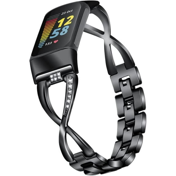 REQO Compatible with Fitbit Charge 5 Bands for Women Girl Metal Replacement Charge 5 Band Wristbands Strap with Bling Crystal Diamond Rhinestone Bracelet Bangle for Charge 5