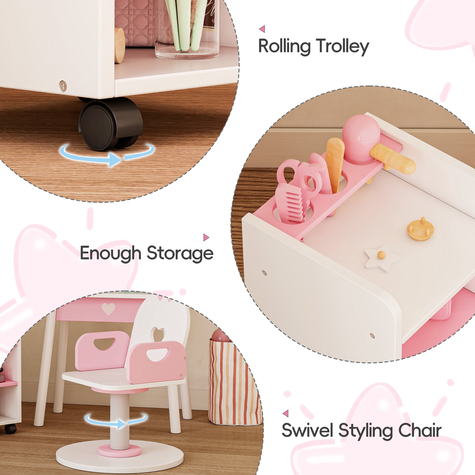 Reasea Kids Vanity Set with Light & Barber Chair, Pretend Play Makeup Dressing Table with Storage Shelf, 7 Pcs Hair Salon Accessories