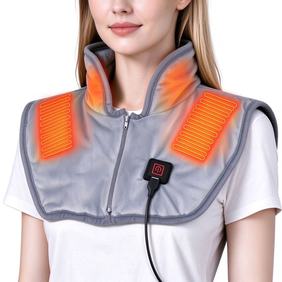 Heating Pad for Neck and Shoulders, Wearable Electric Heating Pad with 3 Heat Settings, Heated Neck Shoulder Wrap with Zipper, Gray