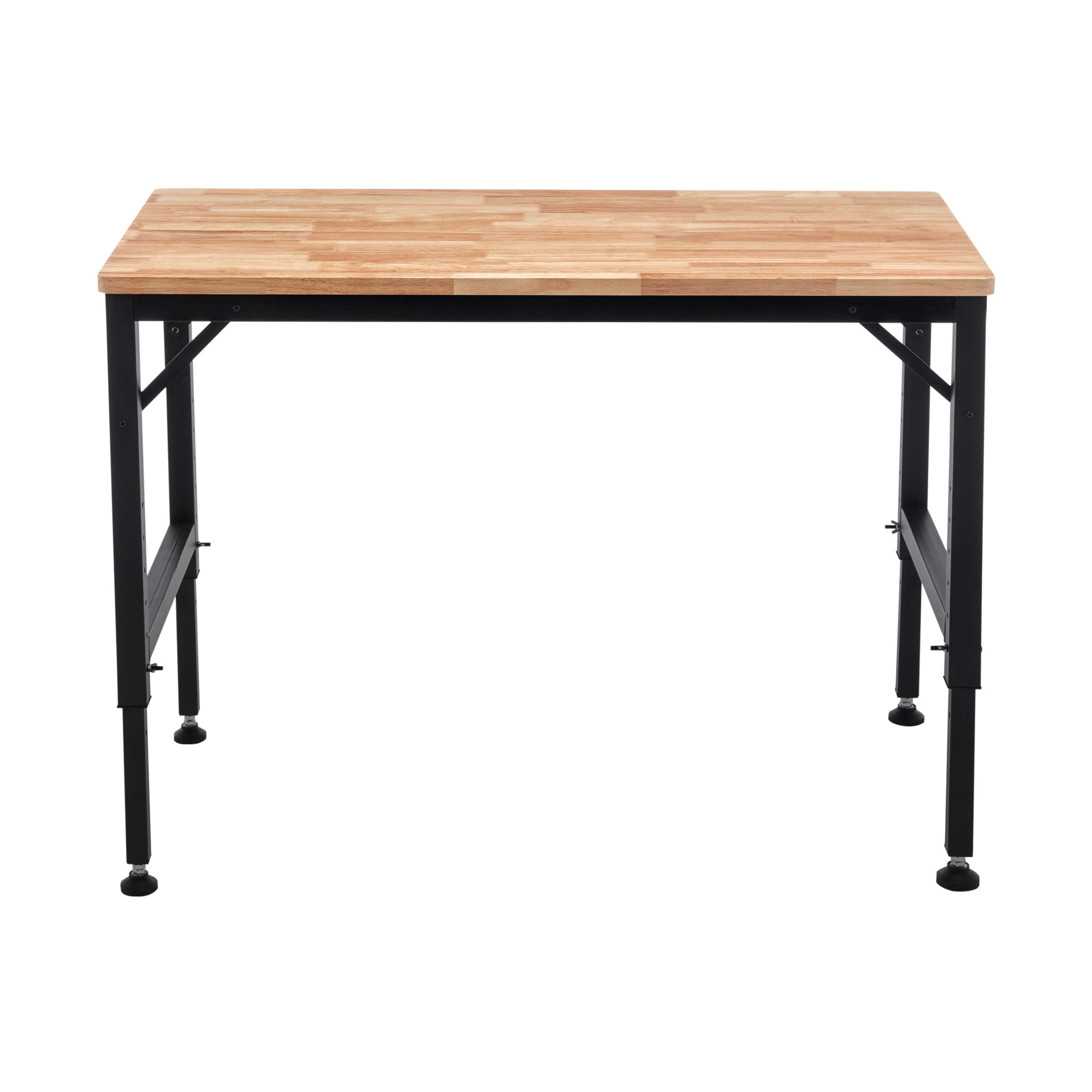 Noble House 48" Heavy-Duty Adjustable Workbench with Thick Rubber Wood Top, Hardwood Workstation, Black & Natural