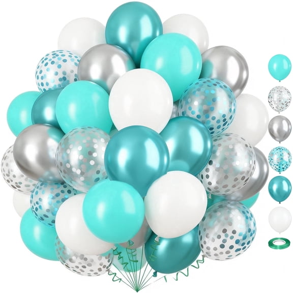 Teal Blue Balloons Set, 35pcs 12 Inch Turquoise Metallic Green Confetti Silver White Balloons for Boys Bridal Shower Engagement Birthday Wedding Party Decorations