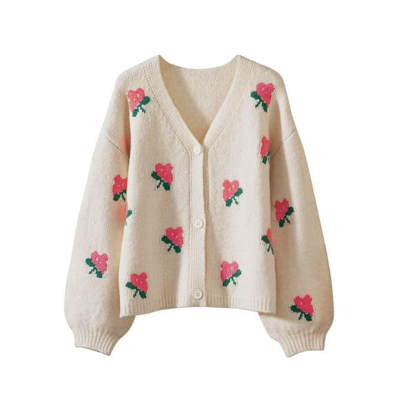 Women's Cardigan Sweater Strawberry Embroidered V-Neck Long Sleeve Knit Cardigan Beige S