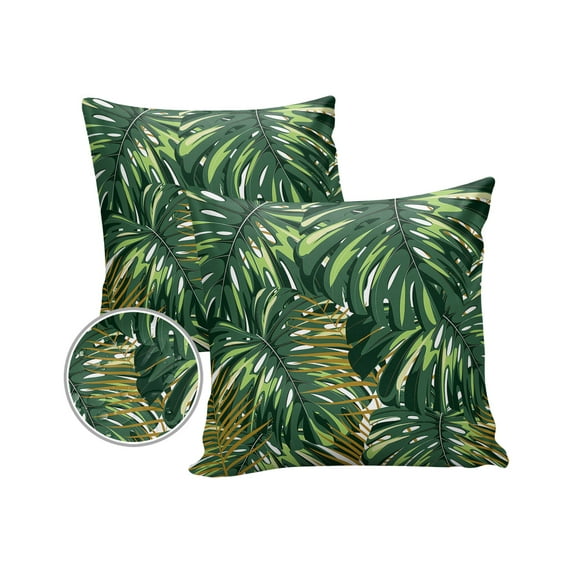 Pack of 2 Outdoor Pillow Covers, Tropical Plants Green Pattern Waterproof Square Throw Pillowcase Cushion Decorative Pillow Covers for Couch Patio Tent, 16x16 in