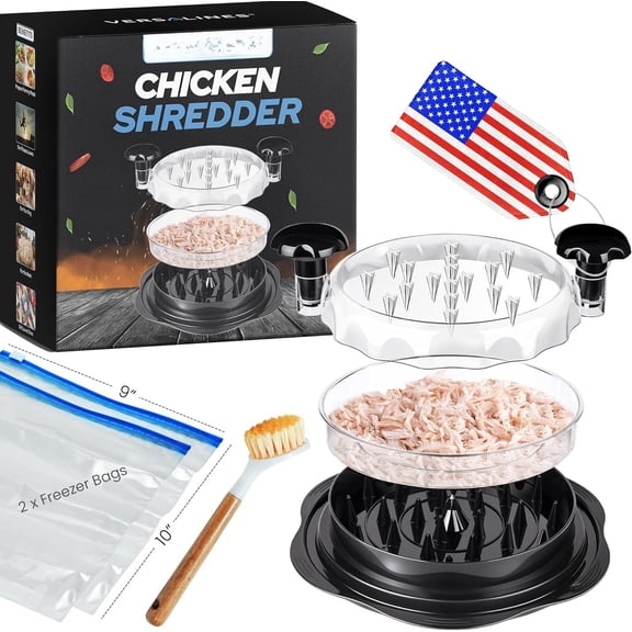 3 Layer Pro Chicken Shredder with Removable Tray, 2 Freezer Bags, Brush - 10'' Large Chicken Breast Shredder Tool Twist, Meat Machine, Meat Shredder with 8 Anti-Slip Pads