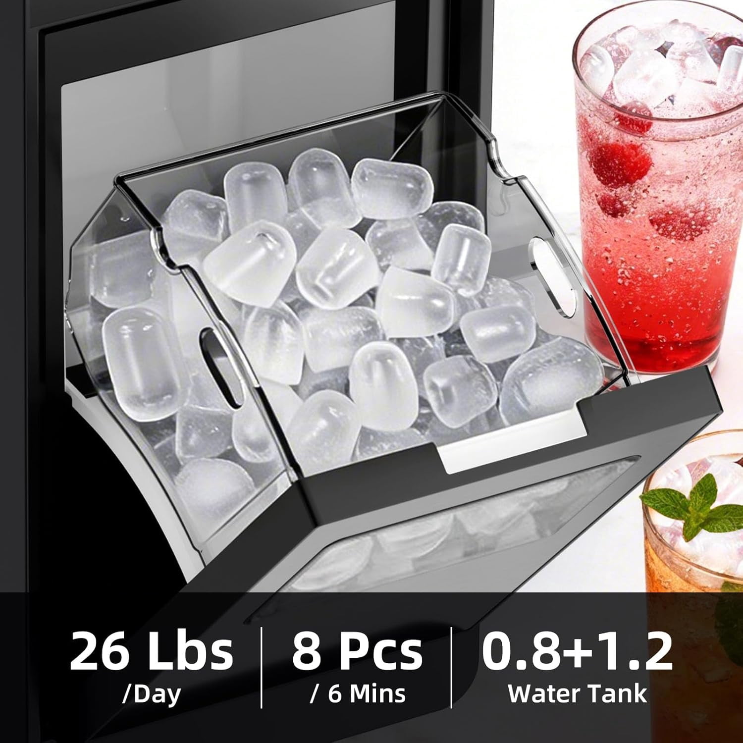 Ice Makers Countertop,26Lbs/24H,8Pcs in 6Mins,Portable Ice Maker Machine with 1.2 L Water Tank,Self-Cleaning,Interior Lighting,2 Sizes of Bullet Ice for Home/Kitchen/RV/Camping(Stainless Steel)