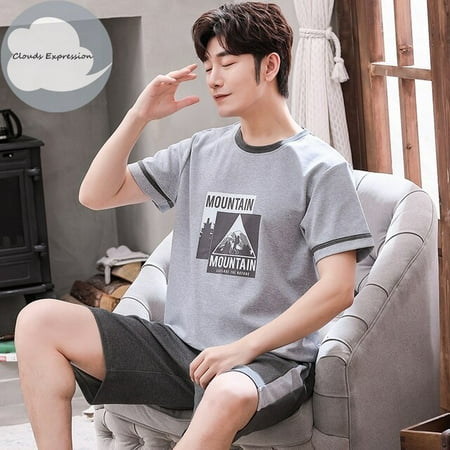 

QWZNDZGR Summer New Knitted Cotton Short Sleeved Men s Pajamas Sets cartoon casual Pyjamas Simple Striped Sleepwear Letter Pajama For Men