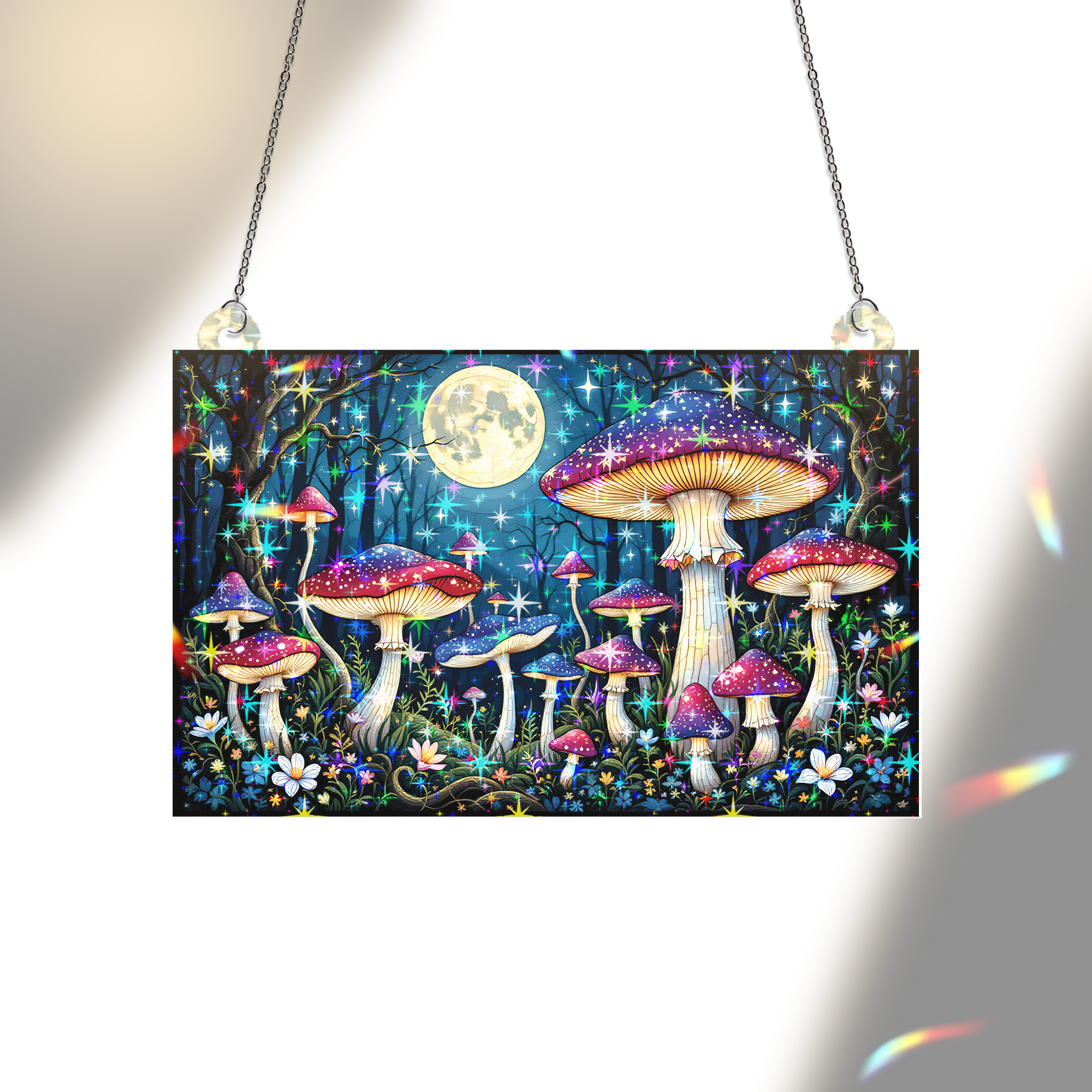 89Bloom Mushroom Forest Stained Glass Hologram Ornament, Stained Glass Suncatcher Ornaments Home Decor, Holographic Ornaments