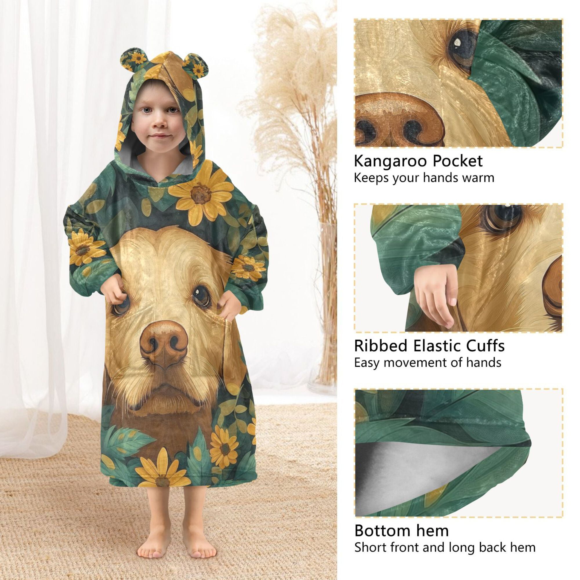 FORMRS Wearable Blanket Hoodie with Sleeves for Kids Cozy Flannel Sweatshirt, Flowers and Dog