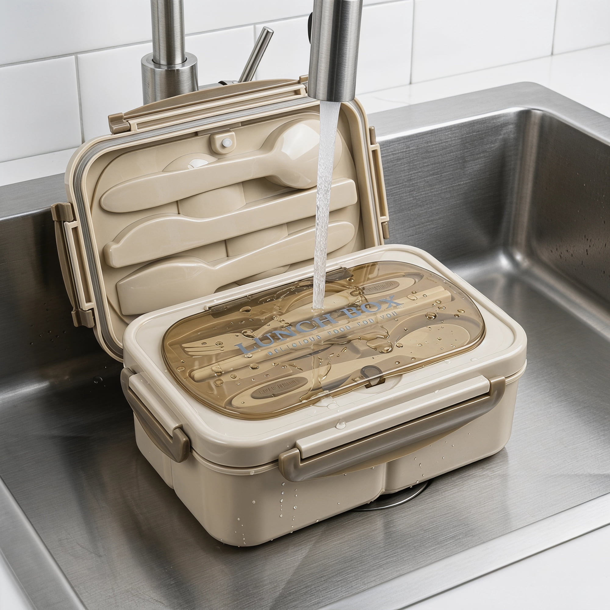 Unique Bargains 3-Compartment Leak-Proof  Lunch Bento Box with Utensils Khaki-1