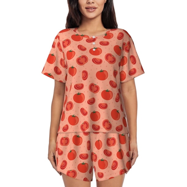 Fotbe Tomato Conjunto de Pijama Estampado para Mujer, 2 Piezas, Ropa de Dormir con Camiseta de Manga Corta y Shorts Suaves-Medium