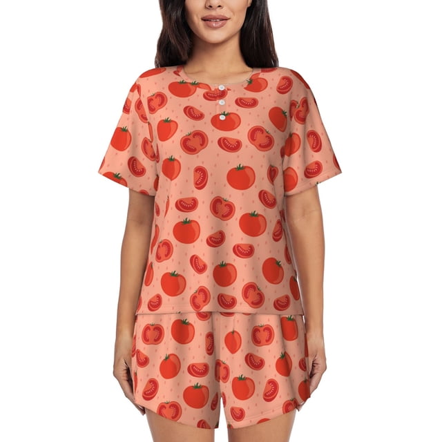 Balery Tomato Conjunto de Pijama para Mujer con Estampado, Dos Piezas de Manga Corta y Shorts, Ropa de Dormir Suave con Cuello Redondo y Bolsillos-Medium