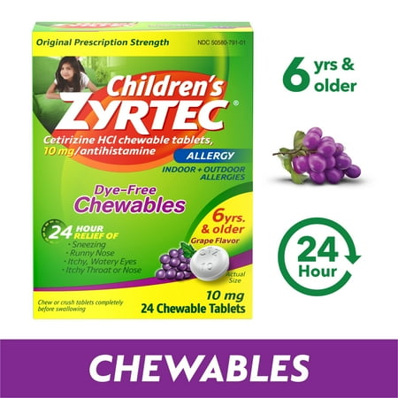 Zyrtec 24 Hour Children's Allergy Chews, 6+ yrs, 10 mg Grape, 24 Ct