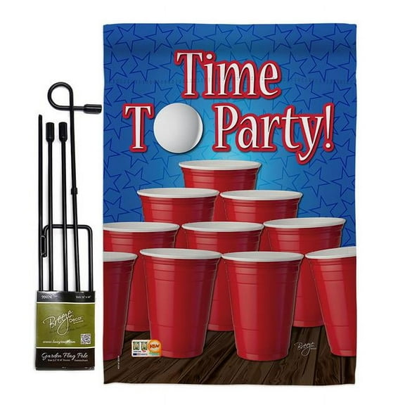 Breeze Decor BD-BV-GS-117032-IP-BO-D-US14-BD 13 x 18.5 in. Time to Party Happy Hour & Drinks Beverages Impressions Decorative Vertical Double Sided Garden Flag Set with Banner Pole