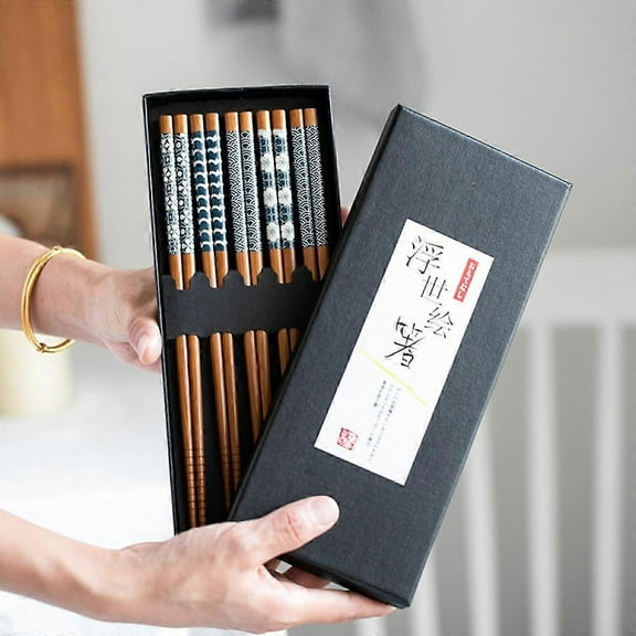 5 Pairs Natural Bamboo Chopsticks Reusable Classic Japanese Style Chop Sticks Gift Sets, Dishwasher Safe, 8.8 Inch/22.5cm Navy blue