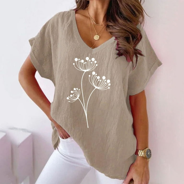 Olyvenn Summer Womens Plus Size Cotton Linen T-Shirts Trendy Clothing 2023 V -Neck Shirts Versatile Relaxed Fit Casual Blouse Workout Batwing Sleeve  Womens Tops Cute Dandelion Tees Khaki 8 