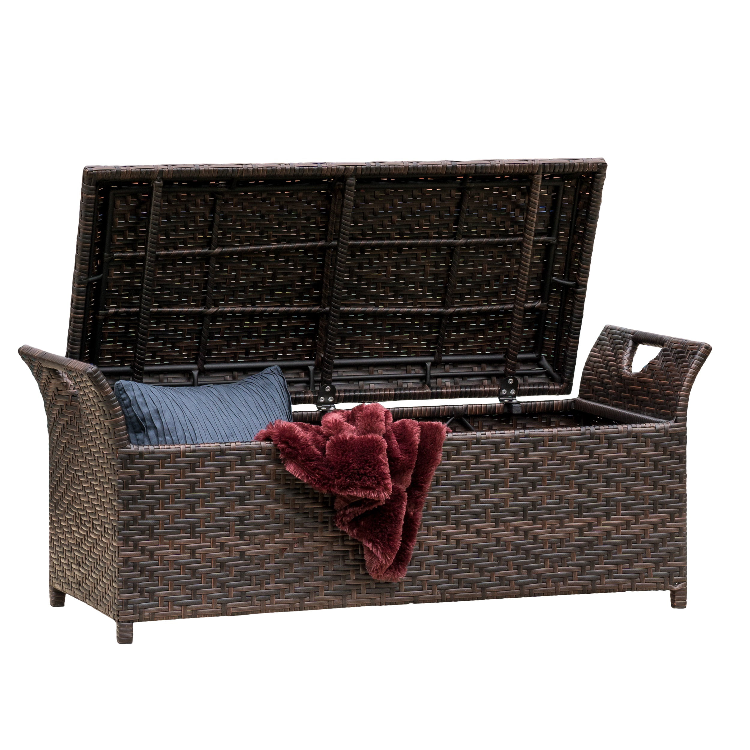 Danica Wing Outdoor Storage Bench, Outdoor Wicker Storage Bench With Back