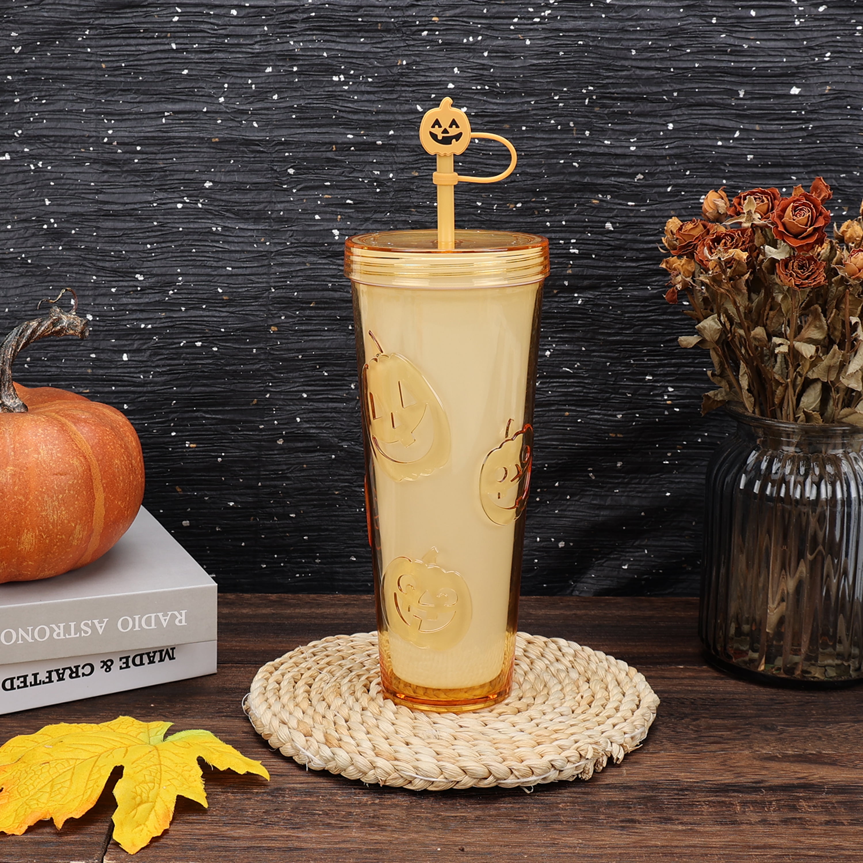 Way To Celebrate 26 oz Glow-in-the-Dark Double Wall Acrylic Jack o Lantern Tumbler with Silicone Straw Topper, Orange