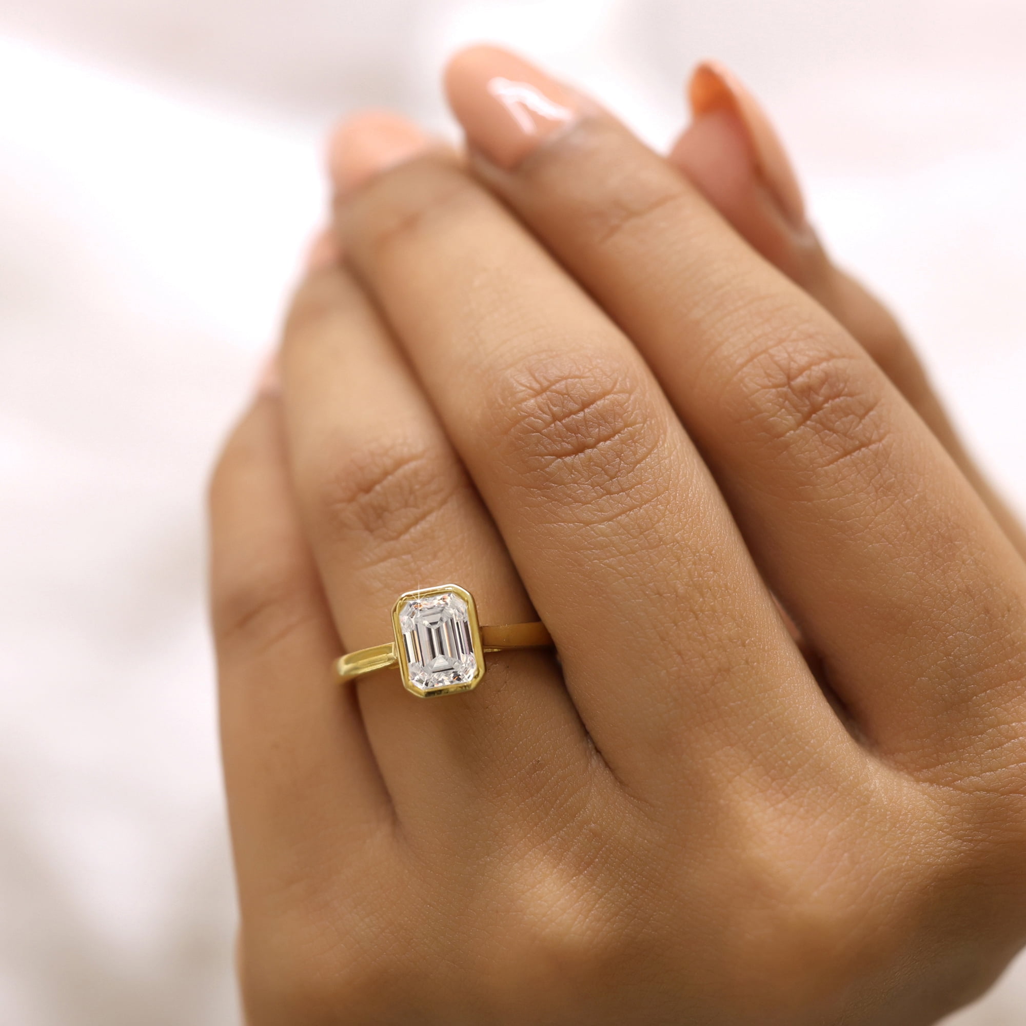 JEWELEGANT 2 Ct Emerald Cut Moissanite Engagement Ring, Bezel Set Solitaire Wedding Ring for Women