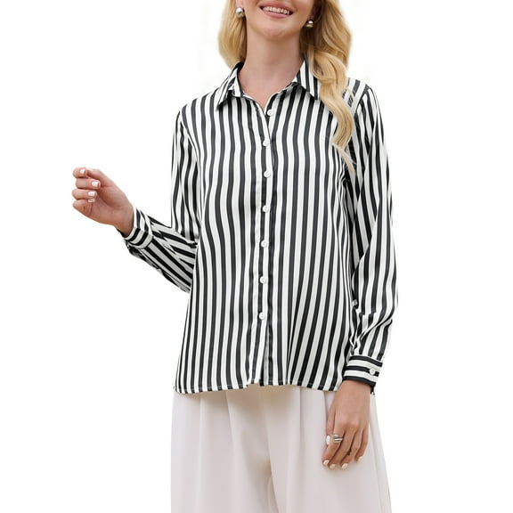 INSPIRE CHIC Women's Satin Striped Shirt Button Down Long Sleeve Office Blouse S Black White
