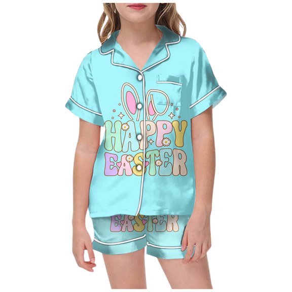 LRen Girls Easter Outfits Size 8 Bunny Print and Egg Print Short Sleeve Shirt Tops Shorts Pants Snug-Fit Silk Button Down Collared Easter Easter Gifts for Girls