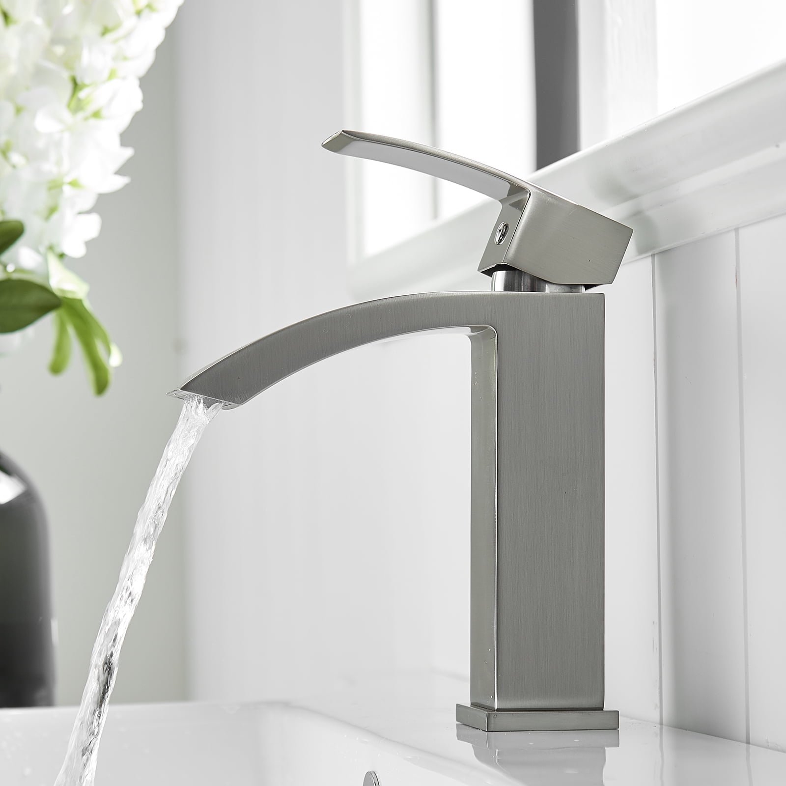 ANGELES HOME Waterfall Bathroom Sink Faucet Vessel Sink Faucet, Single Handle Bathroom Faucet 1 Hole Bowl Lavatory Vanity Faucet, Brushed Nickel