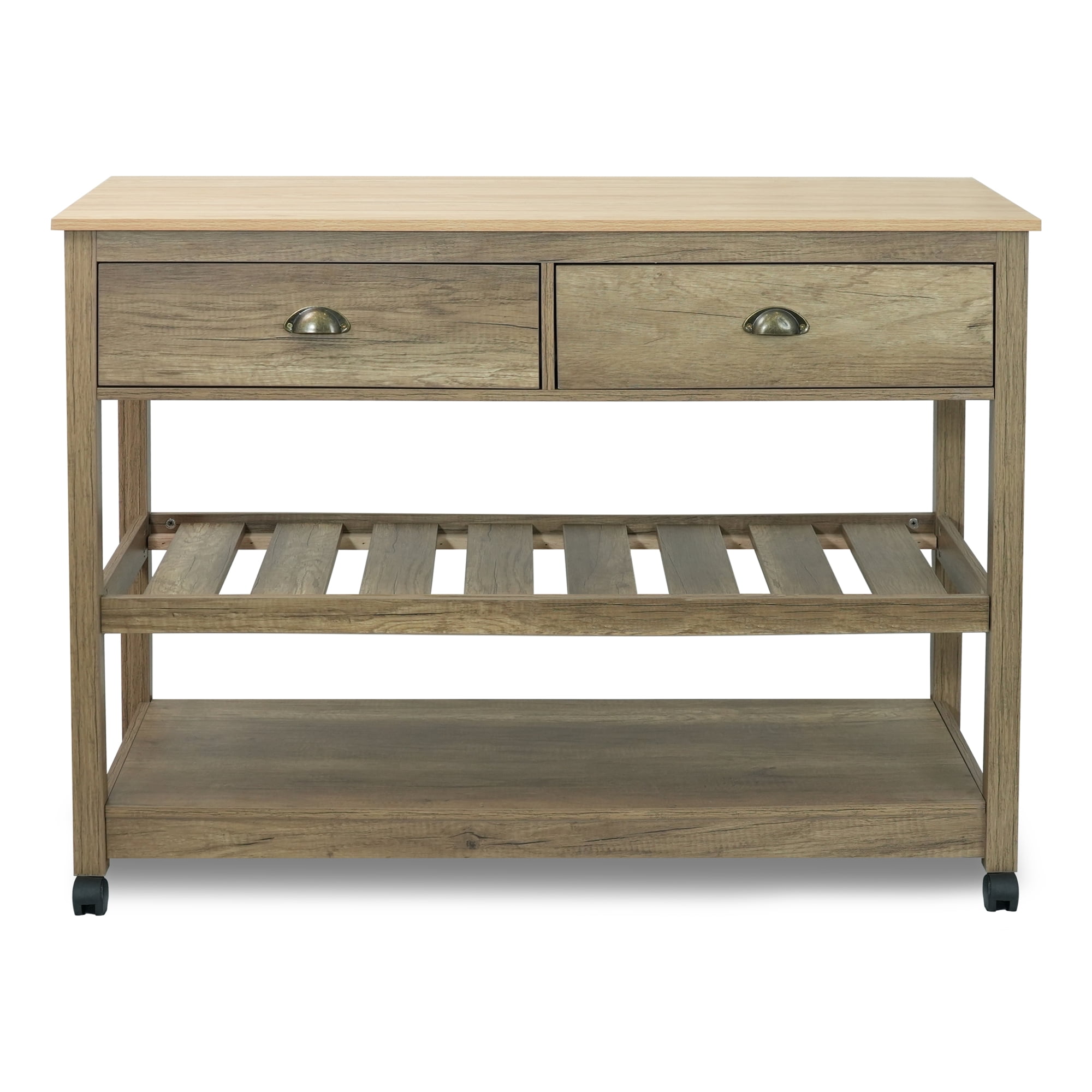 CONSDAN Kitchen Island, Kitchen Cart with Storage, Kitchen Island on Wheels, Kitchen Storage Islands & Carts, Two-Tier Open Shelf Kitchen Island-Natural