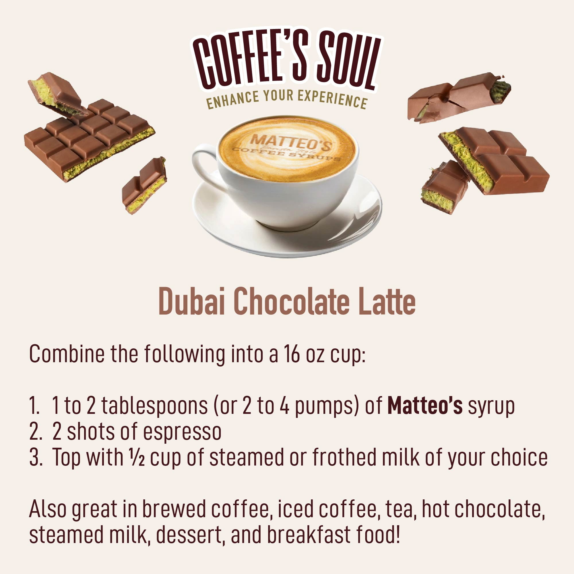 Matteo's Barista Style Sugar-Free Dubai Chocolate Coffee Syrup, 6-Pack, 33.8 Oz