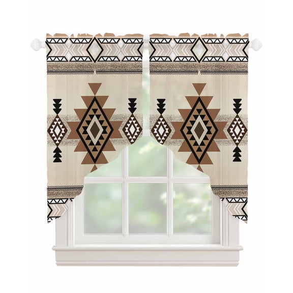 Southwest Swag Valances for Windows, Brown Bohemian Abstract American Aztec Rod Pocket Sheer Valances for Small Windows, Swag Toppers Light Filtering for Kitchen Living Room 2 Panels 28''x36''