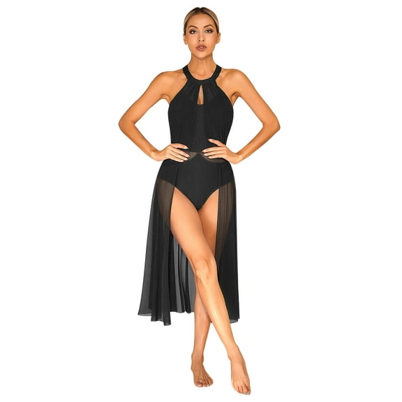 YIZYIF Womens Halter Lyrical Dance Dress Sheer Mesh Leotard Dancewear Flowy Ice Skating Dress Black S