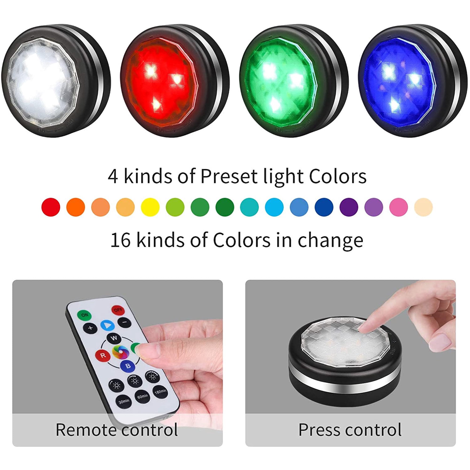 SHELLTON LED Puck Lights Battery Operated Under Cabinet Lighting, 16 Color Changing Puck Lights with Remote Control & Timing, Dimmable LED Closet Lights for Kitchen Cabinet and Closet (6 Packs)