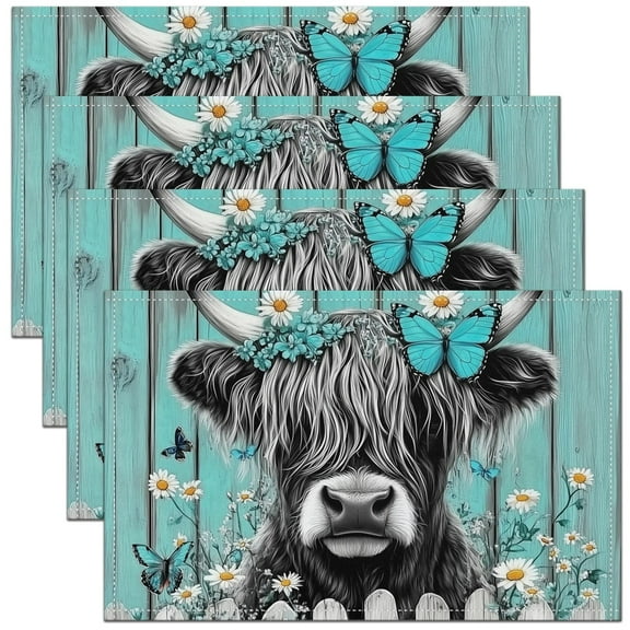 Erosebridal Highland Cow Placemats Set of 4, Rustic Farmhouse Table Mats for Dining Table Set of 4, Teal Gray Lodge Cabin Decor