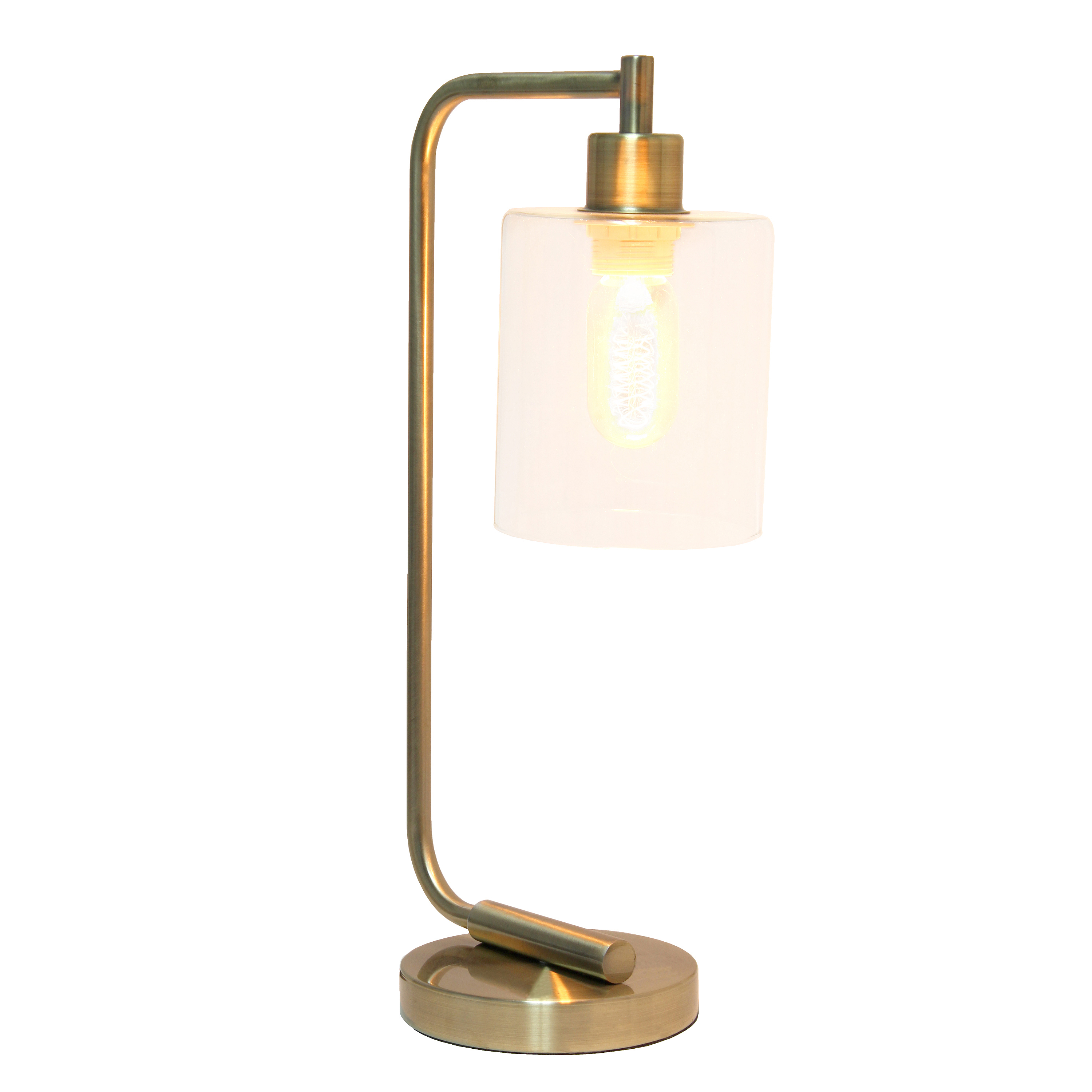 Creekwood Home 18.8" Vintage Industrial Curved Arm Desk Lamp & Glass Shade, Antique Brass