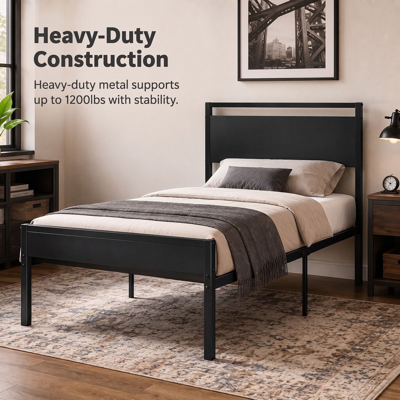 Alvantor Metal Platform Bed Frame, Mattress Foundation with Headboard and and Footboard, No Box Spring Needed Support, Noise Free, Easy Assembly