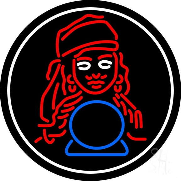 Blue Fortune Teller With Logo LED Neon Sign 26" Tall x 26" Wide - inches Black Square Cut Acrylic Backing, with Dimmer - Bright and Premium built indoor LED Neon Sign for Storefront.