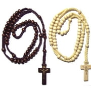 2pc Ivory & Brown Colored Wooden Beads Rosary Necklaces with Jesus Imprint Cross