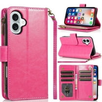 Designed for Apple iPhone 16 (6.1") Leather Zipper Wallet Case 9 Credit Card Slots Cash Money Pocket Clutch Pouch Stand & Strap Phone Case Cover - Hot Pink