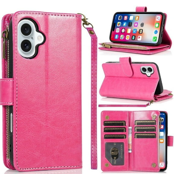 Designed for Apple iPhone 16 (6.1") Leather Zipper Wallet Case 9 Credit Card Slots Cash Money Pocket Clutch Pouch Stand & Strap Phone Case Cover - Hot Pink