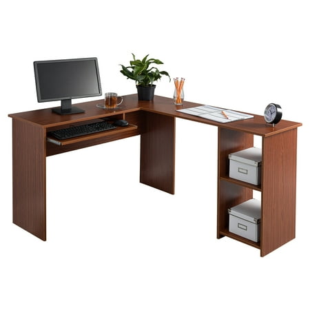 Fineboard L Shaped Office Corner Desk 2 Side Shelves Red Walnut