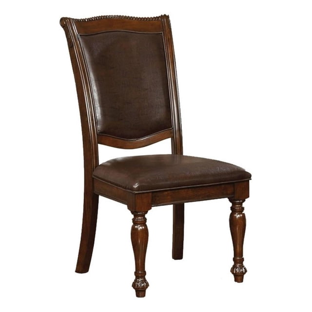 Bowery Hill Faux Leather Brown Cherry Side Chair Rectangular Turned Legs 41" Unassembled