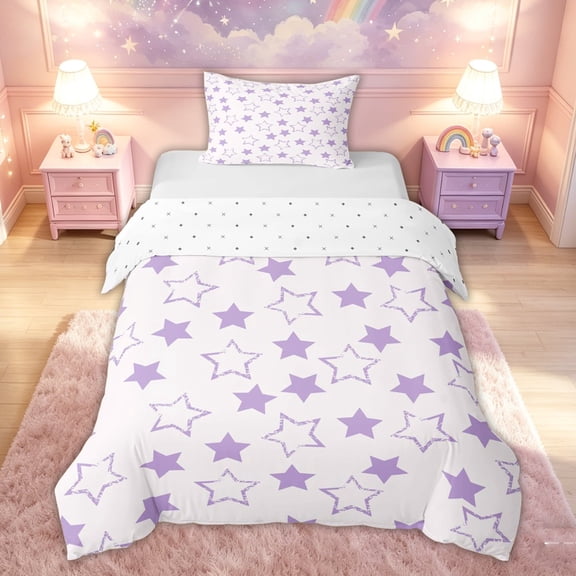 meiyoeat Cartoon Stars Twin Duvet Cover for Kids Girls, Dreamy Galaxy Twin Bedding for Bedroom, Purple White, Reversible, 2pcs