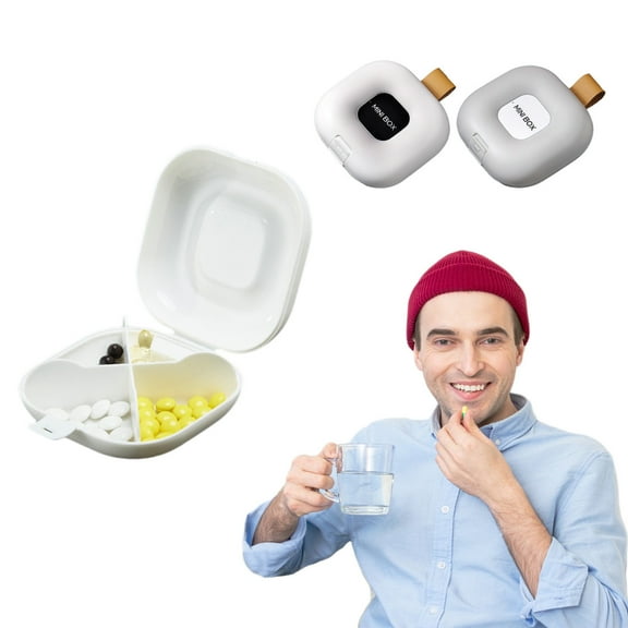 Vitamin Organizer Box | 4 Large Compartments | Compact Pocket & Wallet Size | Moisture-Proof Sealed Case | Pill, Supplement, Fish Oil Holder | Plastic | White or Gray | 7.8x7.6x2.9cm | 1 Piece