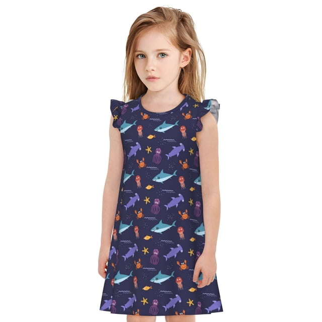 Fotbe Cute Shark Vestido de Dormir para Niñas de 3 a 10 Años, Mangas Cortas, Estilo Princesa, Pijama Camisón con Mangas Voladas-XX-Large