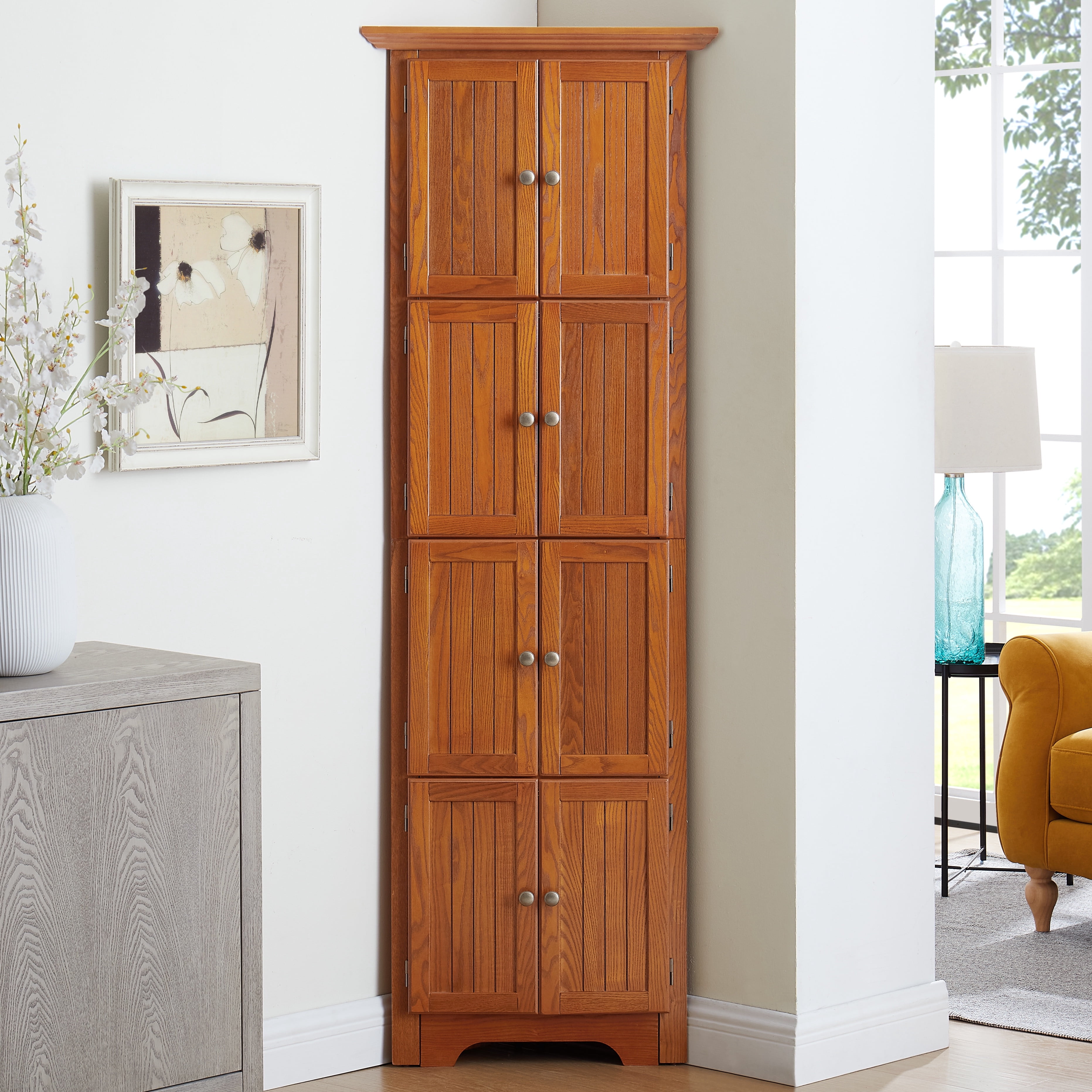 HSUNNS 4-Tier 72" Tall Corner Kitchen Pantry Storage Cabinet with 8 Doors, Freestanding Cupboard Storage Cabinet with Shelves, Home farmhouse bookshelf Cabinet for Kitchen, Bathroom, Living room, Oak