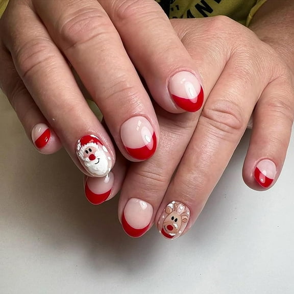 Christmas Fake Nails Short Round French Tip Press on Nails Nude Full Cover Snow Holly Hat False Nails with Designs Glossy Glue on Nails Cute Acrylic Manicure Artificial Nails for Women Girls 24Pcs